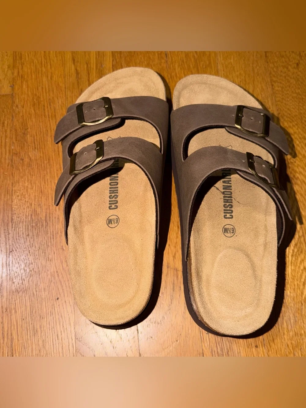 Cushionaire Double Buckle Slide Sandals in Brown